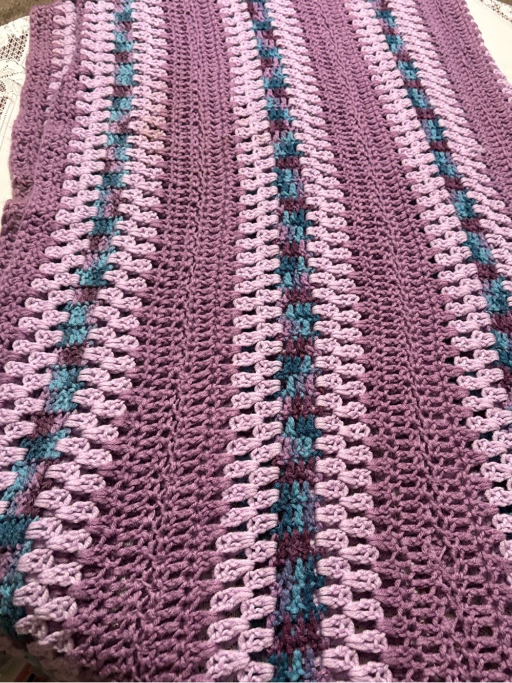 Grandma’s Handmade Crochet Throw Blanket - Lavender Stripe